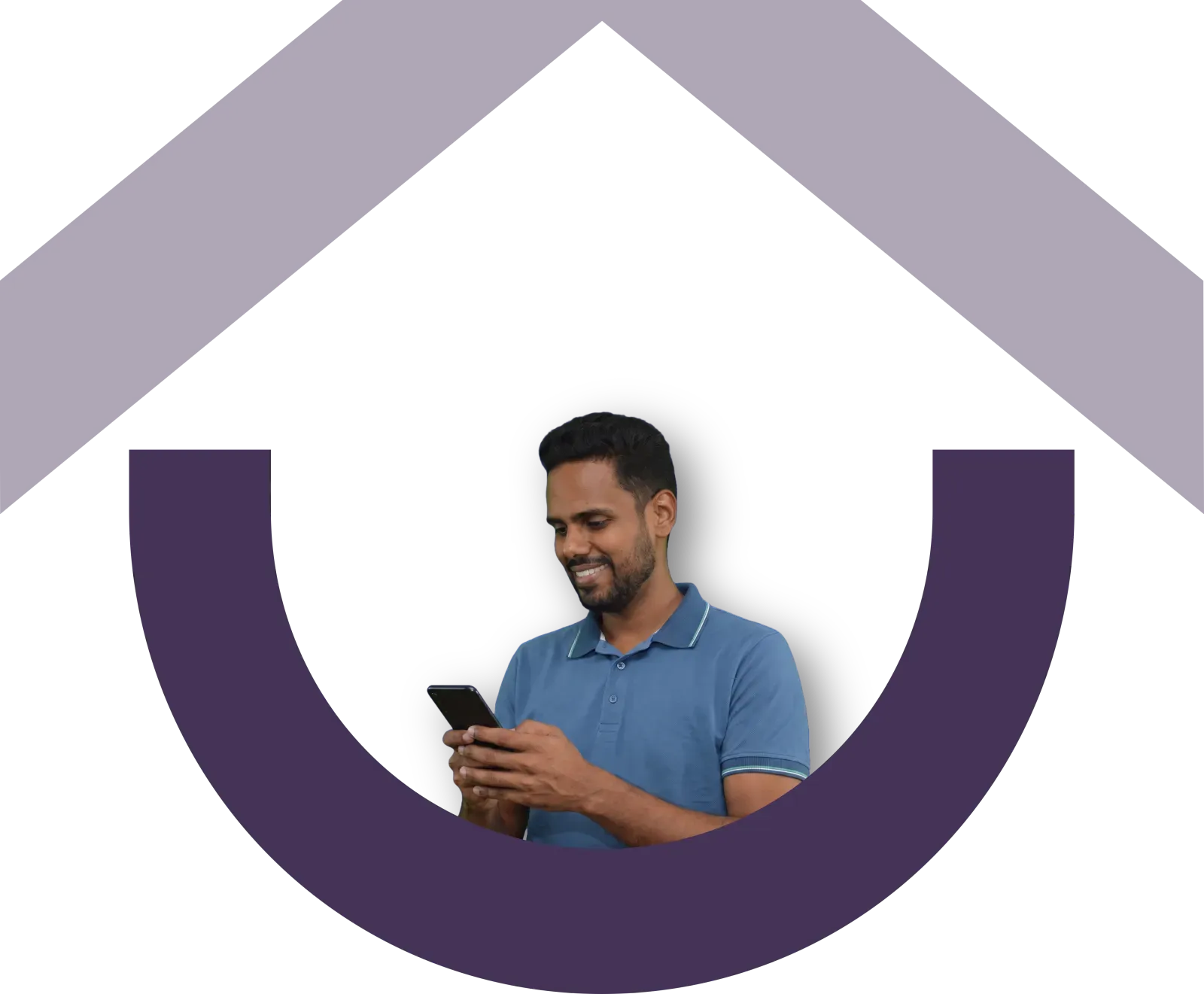 Síndico sorrindo ao usar o app Condomi, emoldurado pelo ícone da casa Condomi