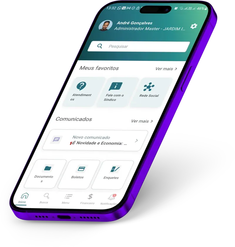 Mockup do App Condomi: tela inicial com favoritos, comunicados, documentos e boletos